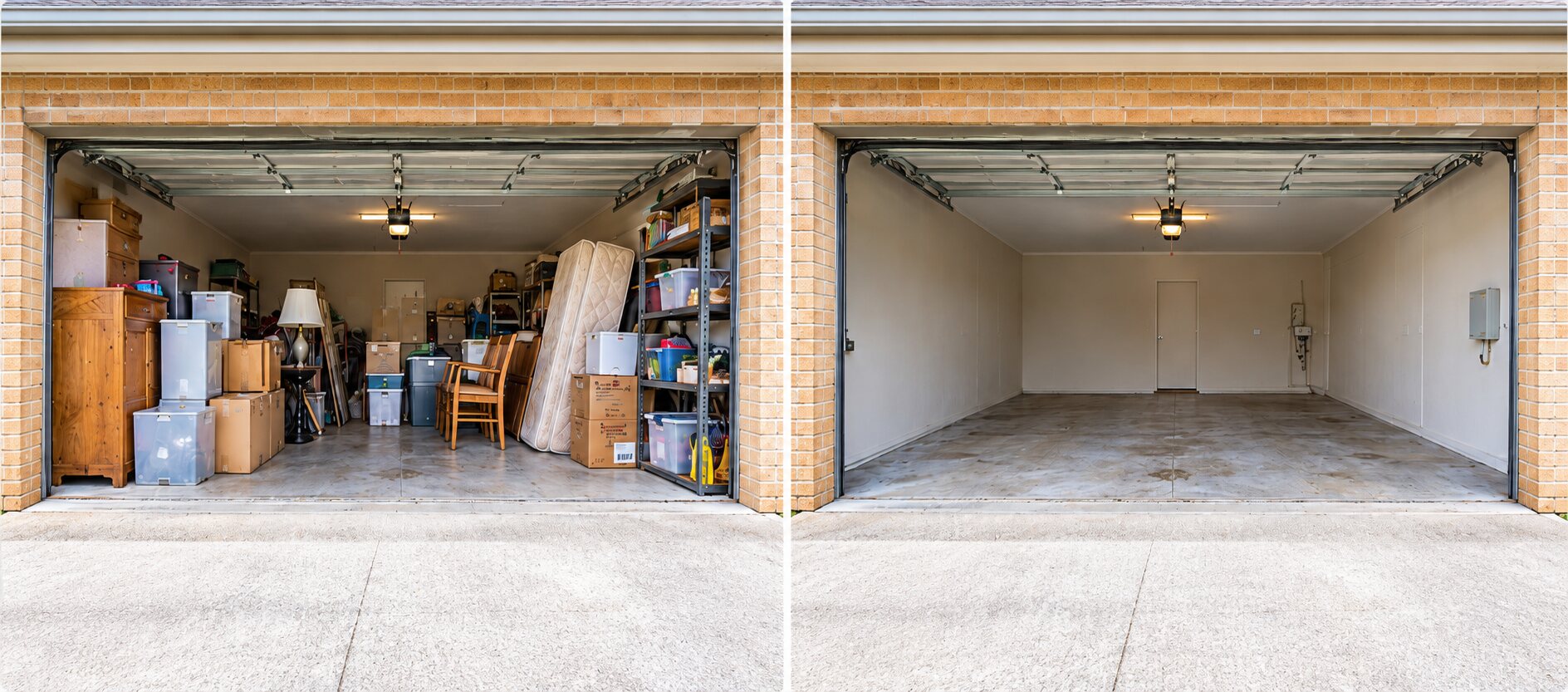 A garage before and after the contents are cleared